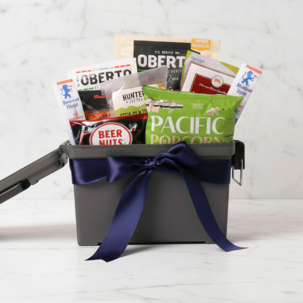Gift basket with snacks and a blue ribbon on a white background