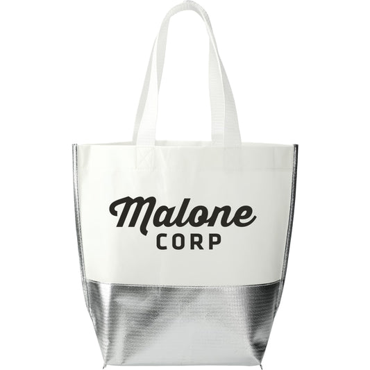 Large Laminated Metallic Bottom Tote – White