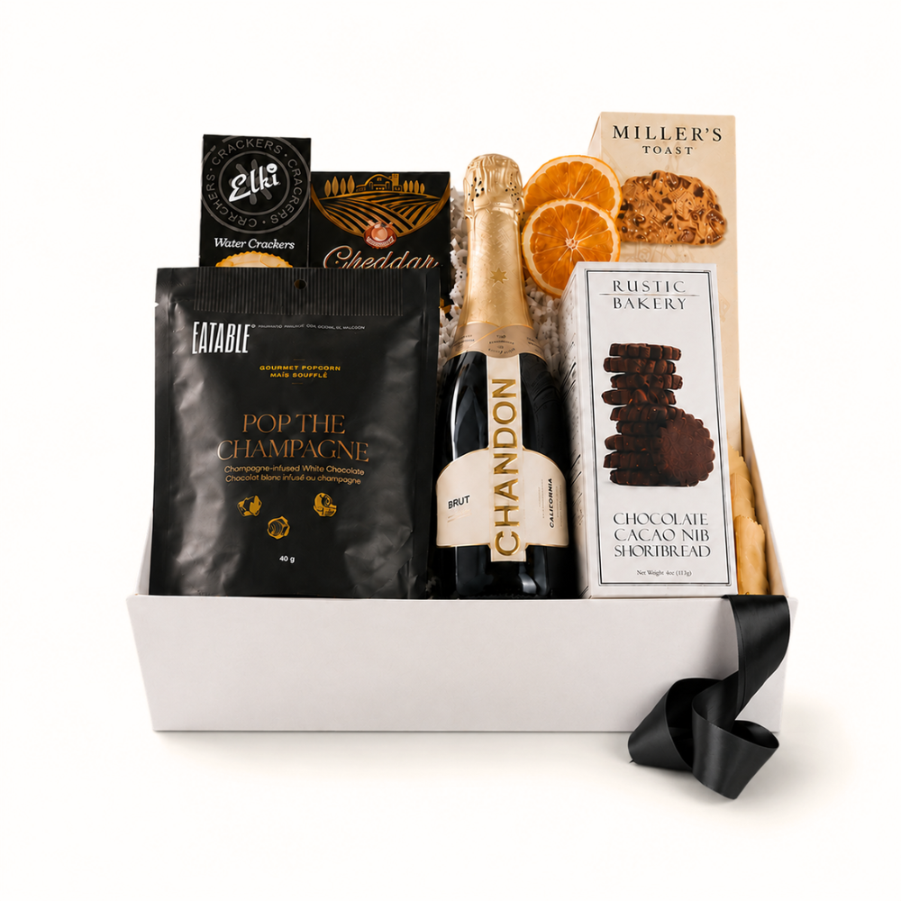 champagne celebration gift box with snacks.  wholesale and dropshipping gift baskets