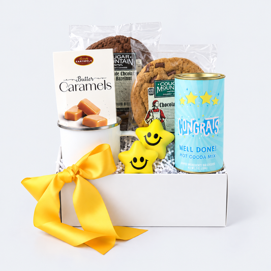 congratulations gift set with congrates ocoa mix. mug, caramels, cookies and star squishy toys